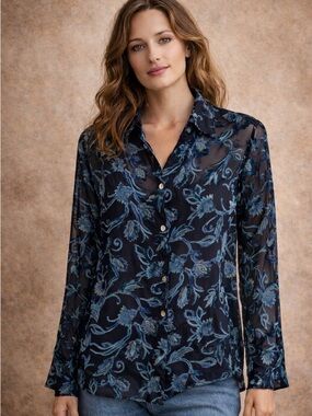 Nolan Miller Navy Floral Sheer Button-Front Blouse